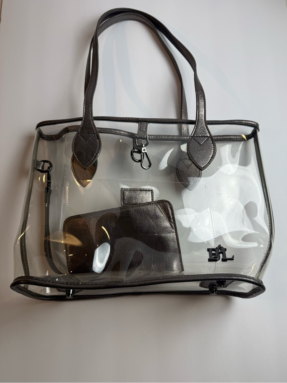 Purseption by BL Clear Stadium Tote Bag Metallic Pewter Leather w/ Zip Pouch